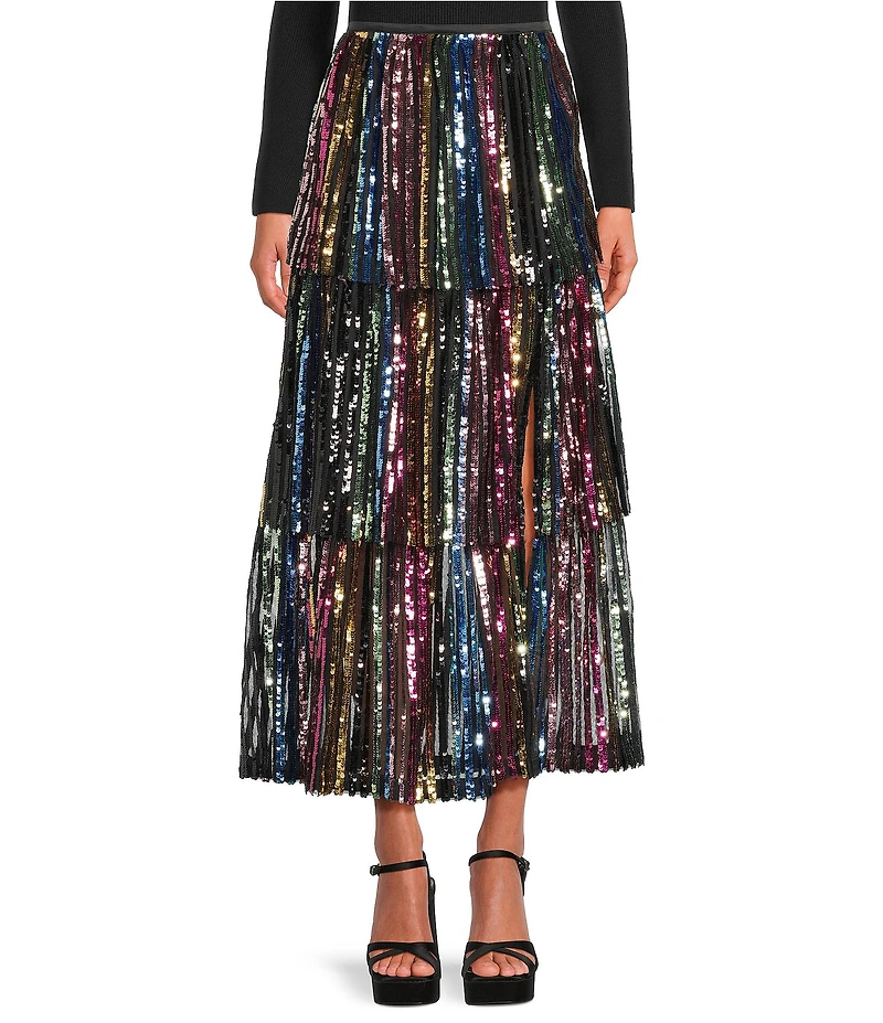 Skies Are Blue Sequin Rainbow Striped Tiered Maxi Skirt