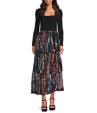 Skies Are Blue Sequin Rainbow Striped Tiered Maxi Skirt