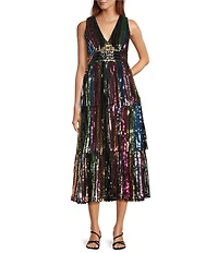 Skies Are Blue Sequin Rainbow Stripped V-Neck Sleeveless Tiered Midi Dress