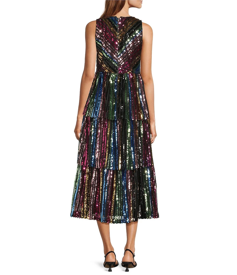 Skies Are Blue Sequin Rainbow Stripped V-Neck Sleeveless Tiered Midi Dress