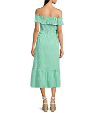 Skies Are Blue Stripe Print Off-the-Shoulder Ruffle A-Line Midi Dress