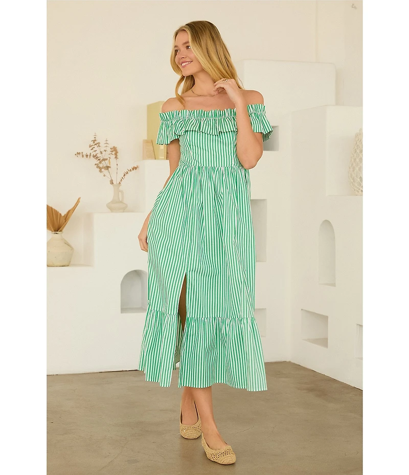 Skies Are Blue Stripe Print Off-the-Shoulder Ruffle A-Line Midi Dress
