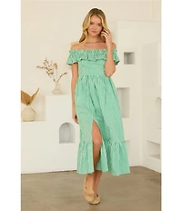 Skies Are Blue Stripe Print Off-the-Shoulder Ruffle A-Line Midi Dress