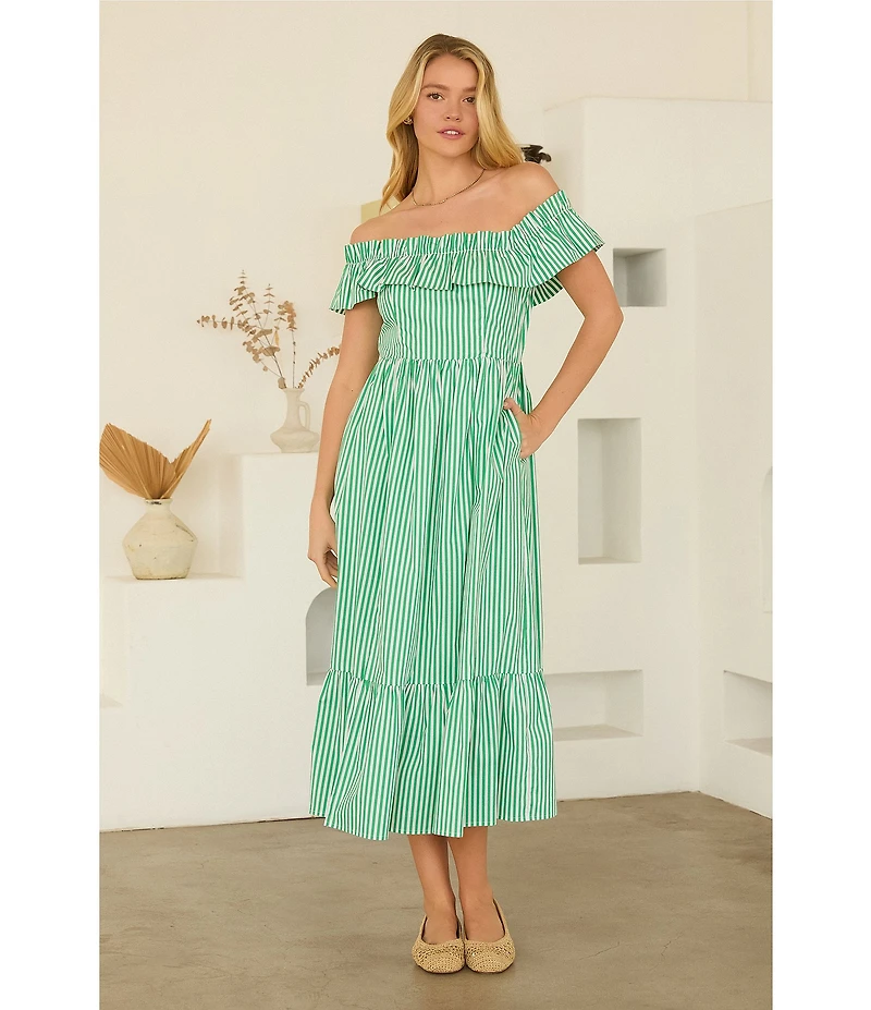 Skies Are Blue Stripe Print Off-the-Shoulder Ruffle A-Line Midi Dress