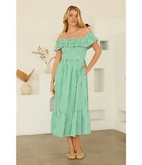 Skies Are Blue Stripe Print Off-the-Shoulder Ruffle A-Line Midi Dress