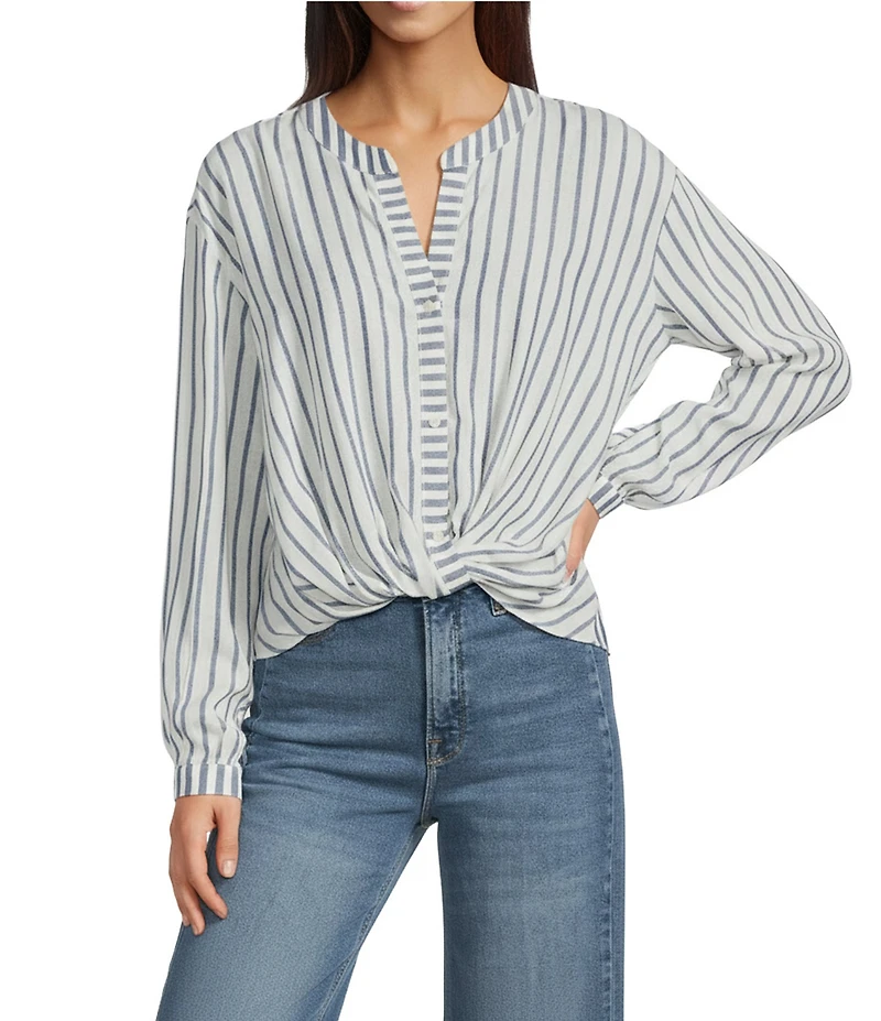 Skies Are Blue Stripe Print Split V Neckline Long Sleeve Twist Front Top
