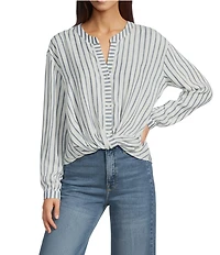 Skies Are Blue Stripe Print Split V Neckline Long Sleeve Twist Front Top