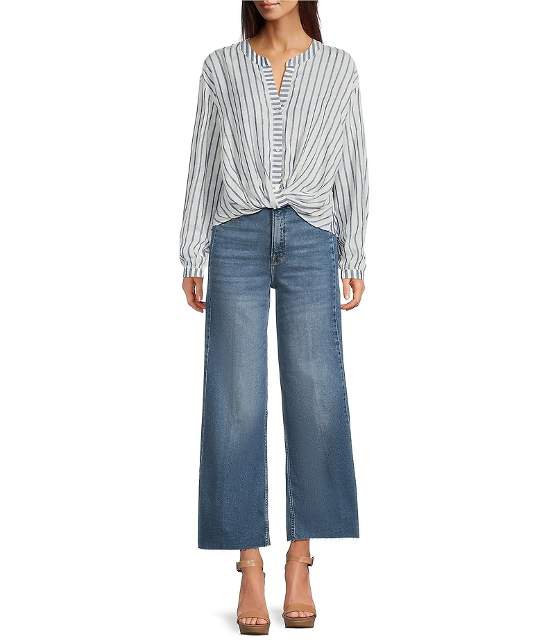 Skies Are Blue Stripe Print Split V Neckline Long Sleeve Twist Front Top