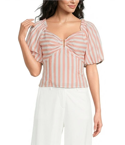 Skies Are Blue Stripe Print Sweetheart Neck Short Bubble Sleeve Coordinating Top