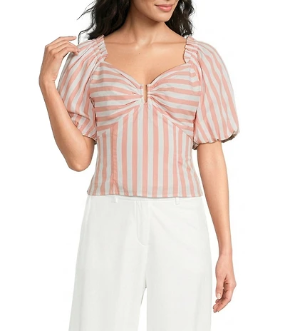 Skies Are Blue Stripe Print Sweetheart Neck Short Bubble Sleeve Coordinating Top