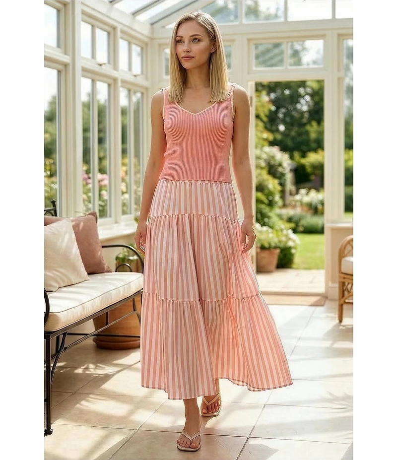 Skies Are Blue Stripe Print Tiered Maxi Coordinating Skirt