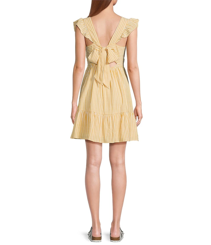 Skies Are Blue Stripe Print V-Neck Cap Sleeve Ruffle Mini Dress