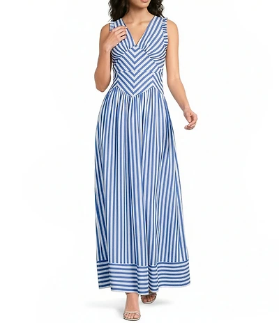 Skies Are Blue Stripe Print V-Neck Sleeveless A-Line Maxi Dress