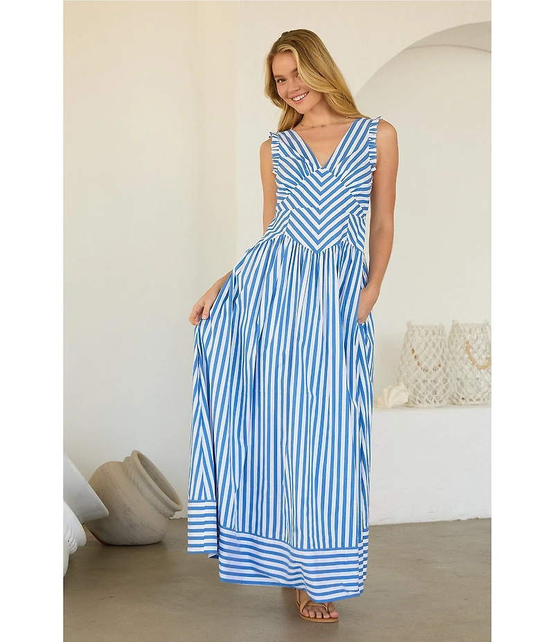 Skies Are Blue Stripe Print V-Neck Sleeveless A-Line Maxi Dress