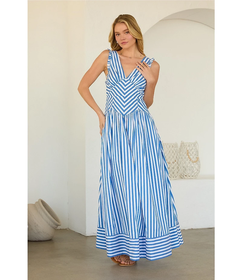 Skies Are Blue Stripe Print V-Neck Sleeveless A-Line Maxi Dress