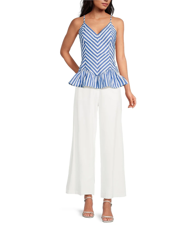 Skies Are Blue Stripe Print V-Neck Sleeveless Peplum Hem Top