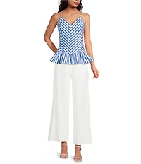 Skies Are Blue Stripe Print V-Neck Sleeveless Peplum Hem Top