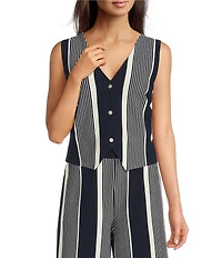 Skies Are Blue Coordinating Stripe Printed V-Neck Button Front Sleeveless Vest Top