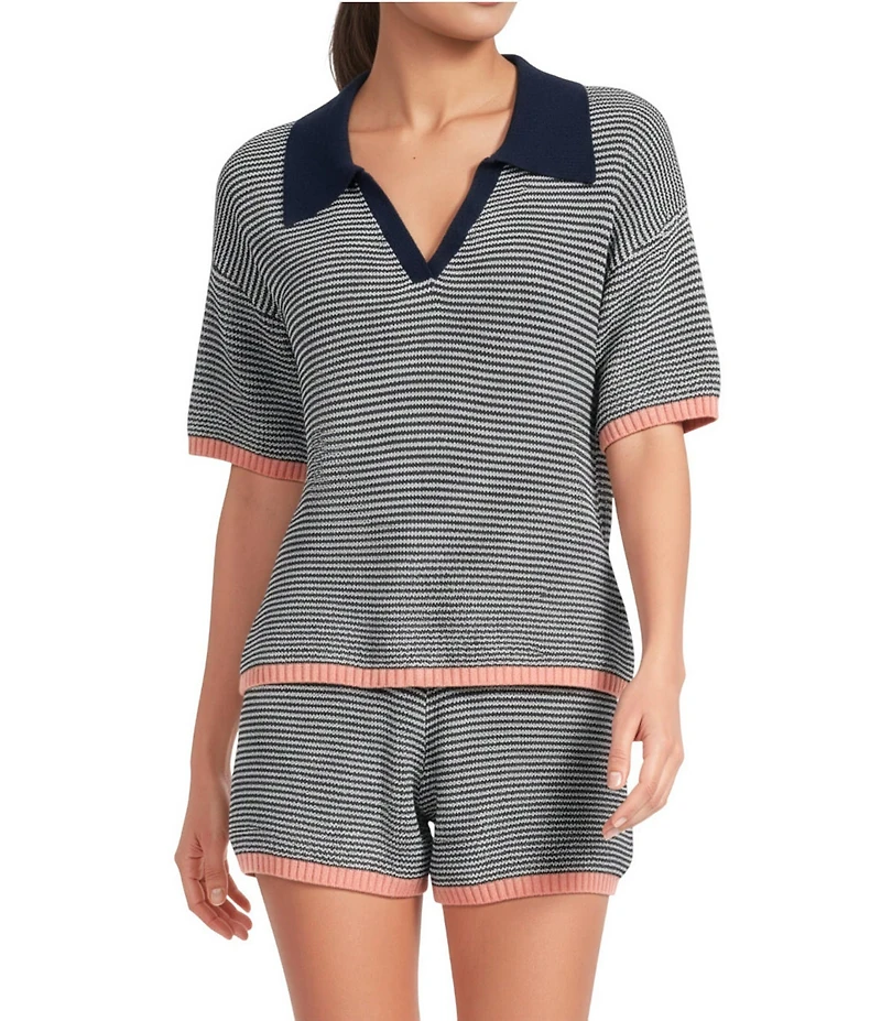 Skies Are Blue Striped Collared V-Neck Short Sleeve Coordinating Sweater Top
