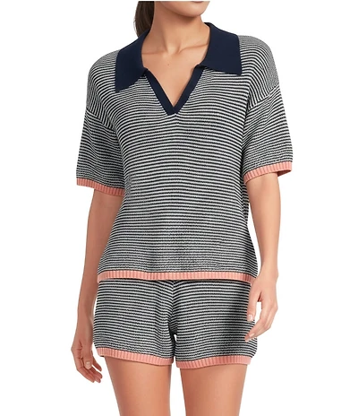 Skies Are Blue Striped Collared V-Neck Short Sleeve Coordinating Sweater Top