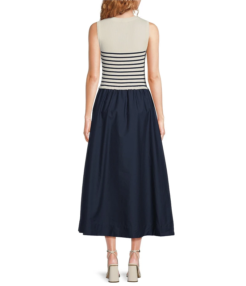 Skies Are Blue Striped Mixed Media Sleeveless Crew Neck Midi Dress
