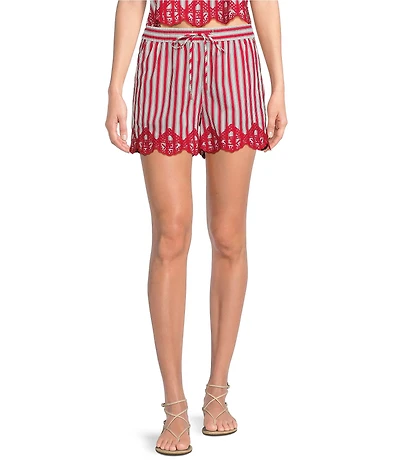 Skies Are Blue Striped Print Embroidered Scalloped Hem Coordinating Shorts
