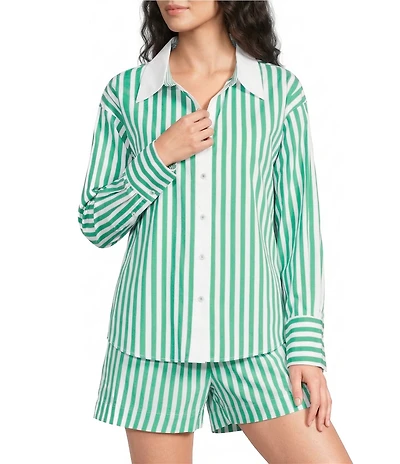 Skies Are Blue Striped Print Point Collar Long Sleeve Button-Down Coordinating Poplin Top