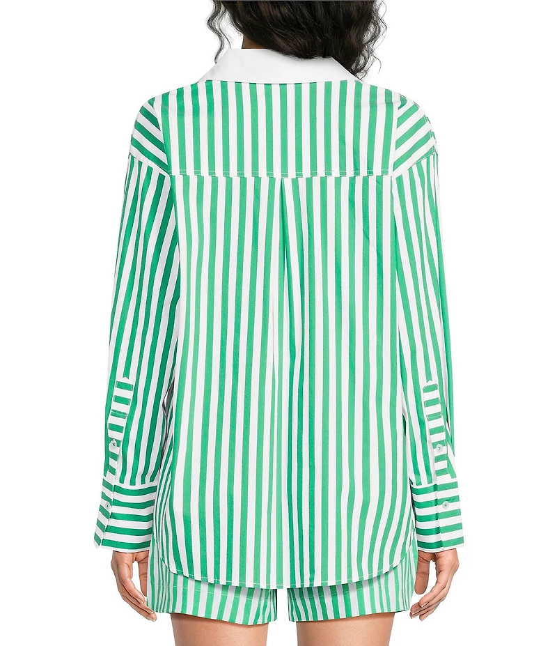 Skies Are Blue Striped Print Point Collar Long Sleeve Button-Down Coordinating Poplin Top