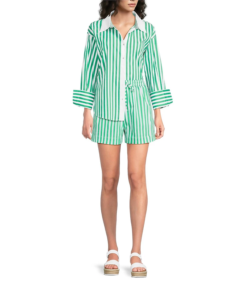 Skies Are Blue Striped Print Point Collar Long Sleeve Button-Down Coordinating Poplin Top