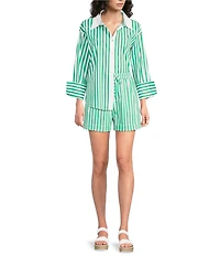 Skies Are Blue Striped Print Point Collar Long Sleeve Button-Down Coordinating Poplin Top