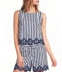 Skies Are Blue Striped Print Round Neck Sleeveless Embroidered Scalloped Hem Coordinating Top