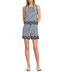 Skies Are Blue Striped Print Round Neck Sleeveless Embroidered Scalloped Hem Coordinating Top