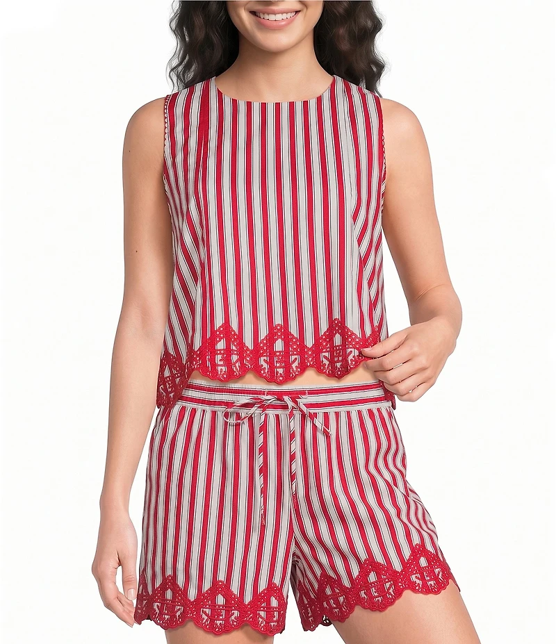Skies Are Blue Striped Print Round Neck Sleeveless Embroidered Scalloped Hem Coordinating Top