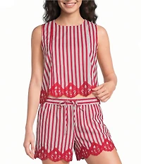 Skies Are Blue Striped Print Round Neck Sleeveless Embroidered Scalloped Hem Coordinating Top