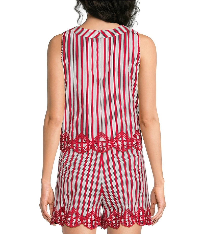 Skies Are Blue Striped Print Round Neck Sleeveless Embroidered Scalloped Hem Coordinating Top
