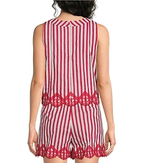 Skies Are Blue Striped Print Round Neck Sleeveless Embroidered Scalloped Hem Coordinating Top