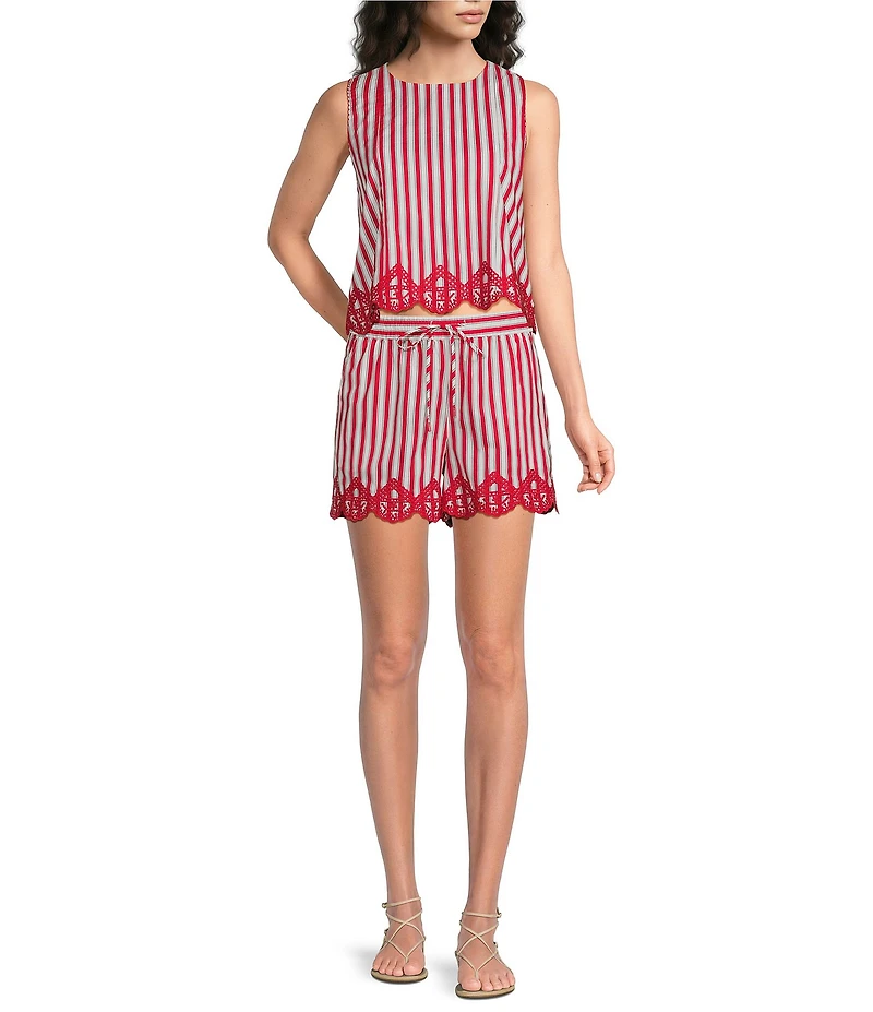 Skies Are Blue Striped Print Round Neck Sleeveless Embroidered Scalloped Hem Coordinating Top