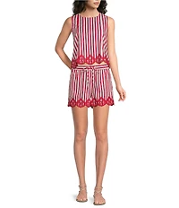 Skies Are Blue Striped Print Round Neck Sleeveless Embroidered Scalloped Hem Coordinating Top