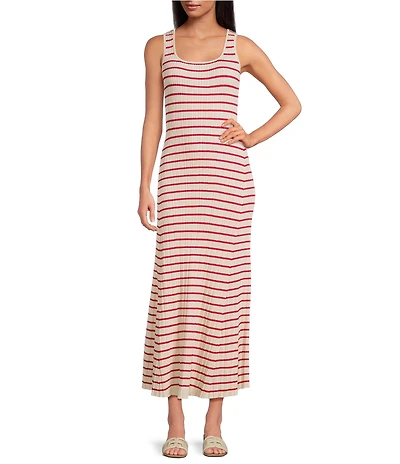 Skies Are Blue Striped Rib Knit Square Neck Sleeves Sheath Maxi Dress