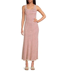 Skies Are Blue Striped Rib Knit Square Neck Sleeves Sheath Maxi Dress