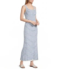 Skies Are Blue Striped Rib Knit Square Neck Sleeves Sheath Maxi Dress