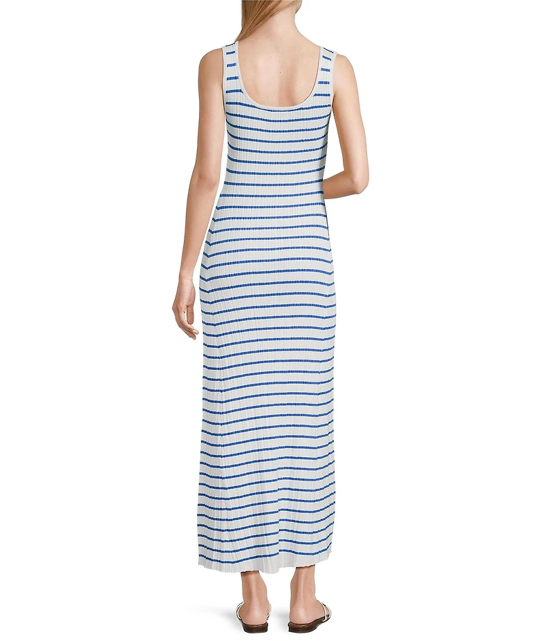 Skies Are Blue Striped Rib Knit Square Neck Sleeves Sheath Maxi Dress