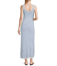 Skies Are Blue Striped Rib Knit Square Neck Sleeves Sheath Maxi Dress