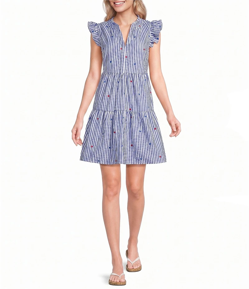 Skies Are Blue Striped Star Embroidered Split V-Neck Ruffle Sleeve Tiered Mini Dress