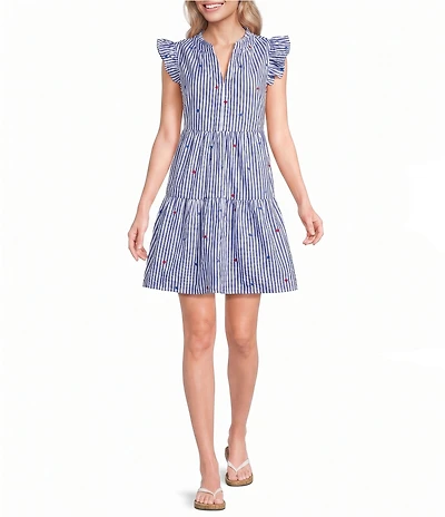 Skies Are Blue Striped Star Embroidered Split V-Neck Ruffle Sleeve Tiered Mini Dress