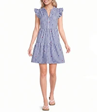 Skies Are Blue Striped Star Embroidered Split V-Neck Ruffle Sleeve Tiered Mini Dress
