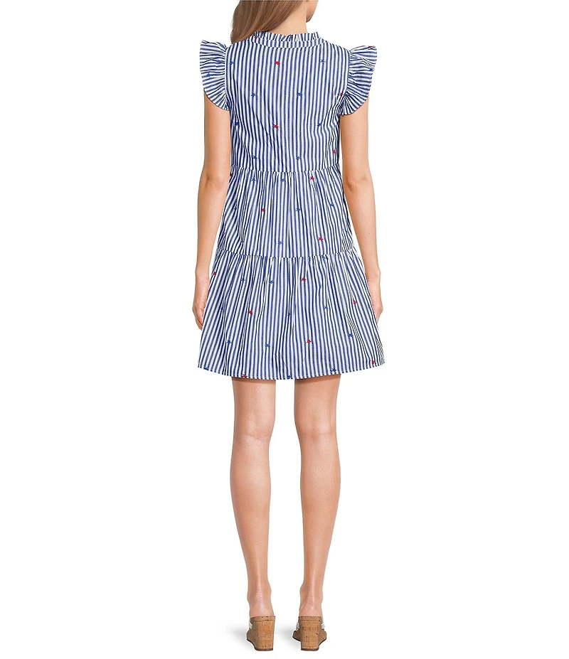 Skies Are Blue Striped Star Embroidered Split V-Neck Ruffle Sleeve Tiered Mini Dress