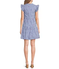 Skies Are Blue Striped Star Embroidered Split V-Neck Ruffle Sleeve Tiered Mini Dress