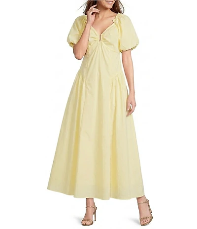 Skies Are Blue Sweetheart Neck Short Bubble Sleeve Poplin Maxi Dress