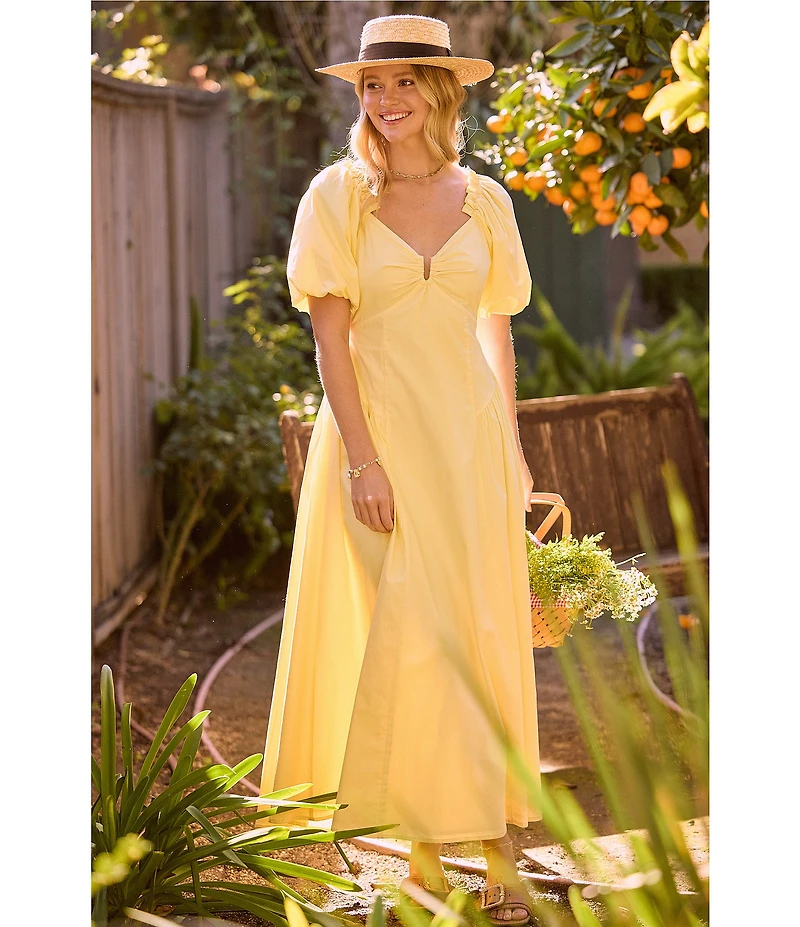 Skies Are Blue Sweetheart Neck Short Bubble Sleeve Poplin Maxi Dress